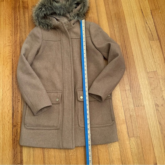 J. Crew Mercantile Sz 00 Tan Wool Blend Vail Coat Fur Trim Hood Preppy Heritage - Picture 3 of 12